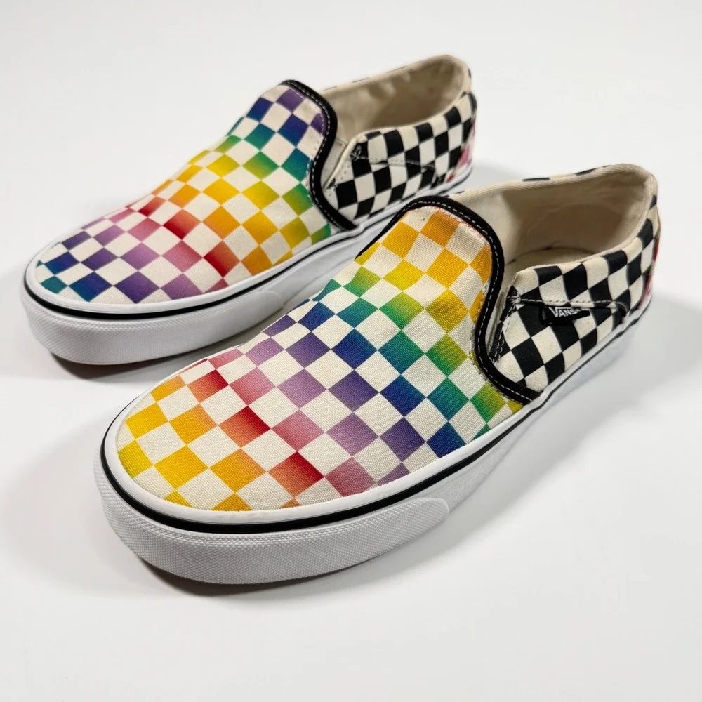 Vans Classic Slip-On Rainbow Checkerboard Sneakers Women's Size 9 Canvas Shoes